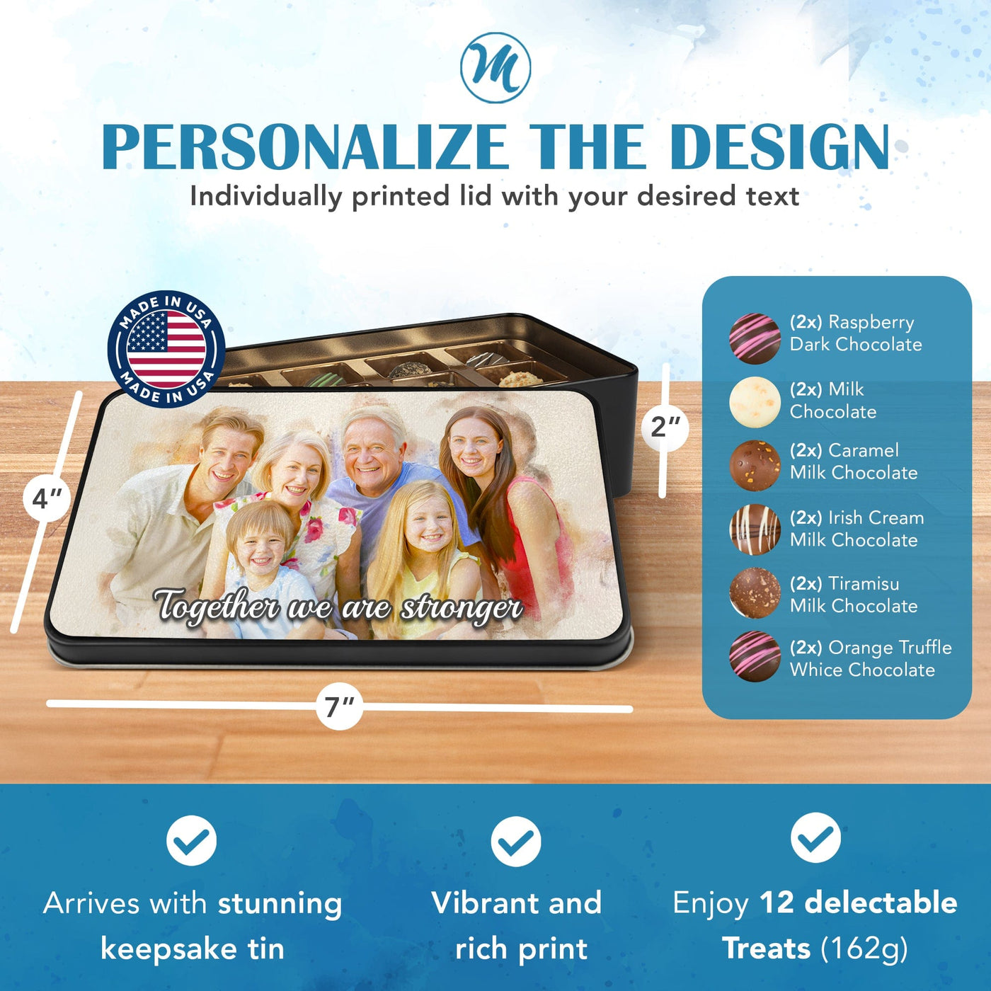 Custom Watercolor Portrait on Chocolate Truffles Tin Box