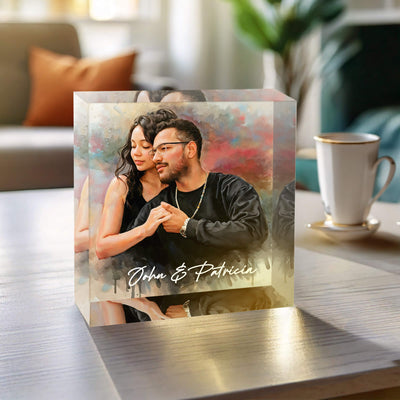 Couple Watercolor Portrait Acrylic Prism Block with Names