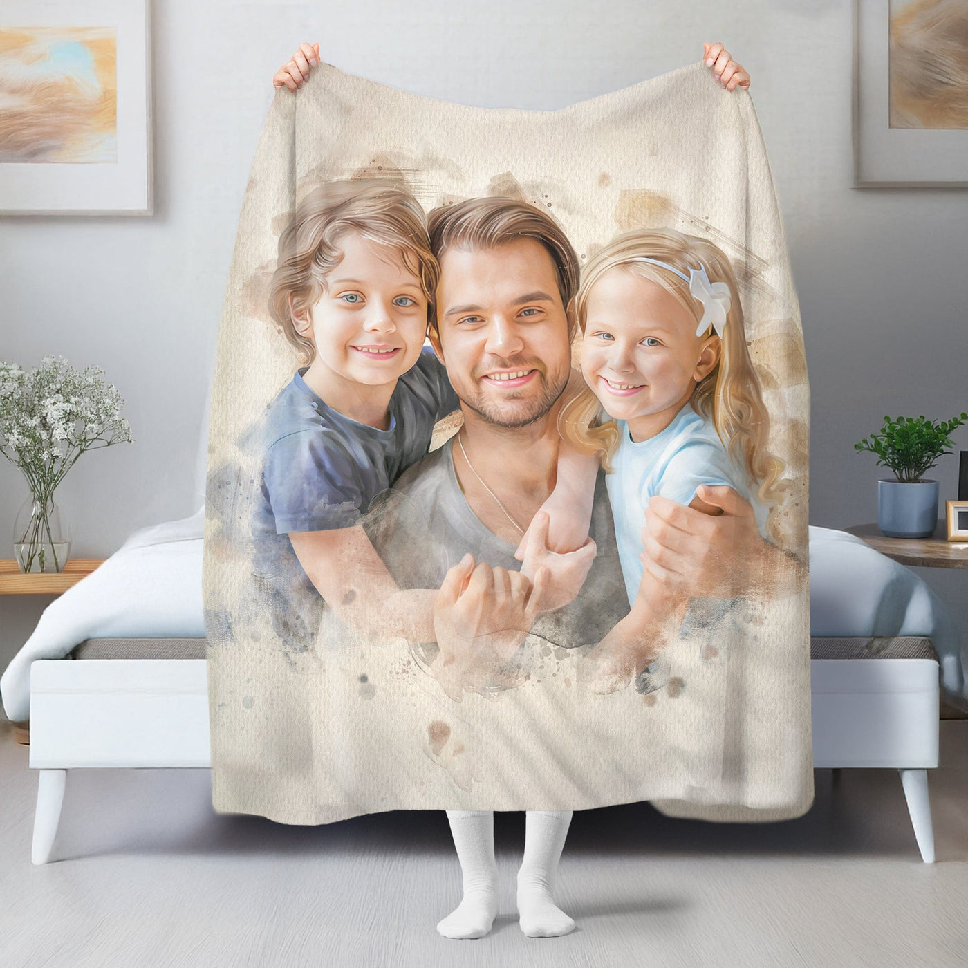 Custom Family Watercolor Portrait Blanket