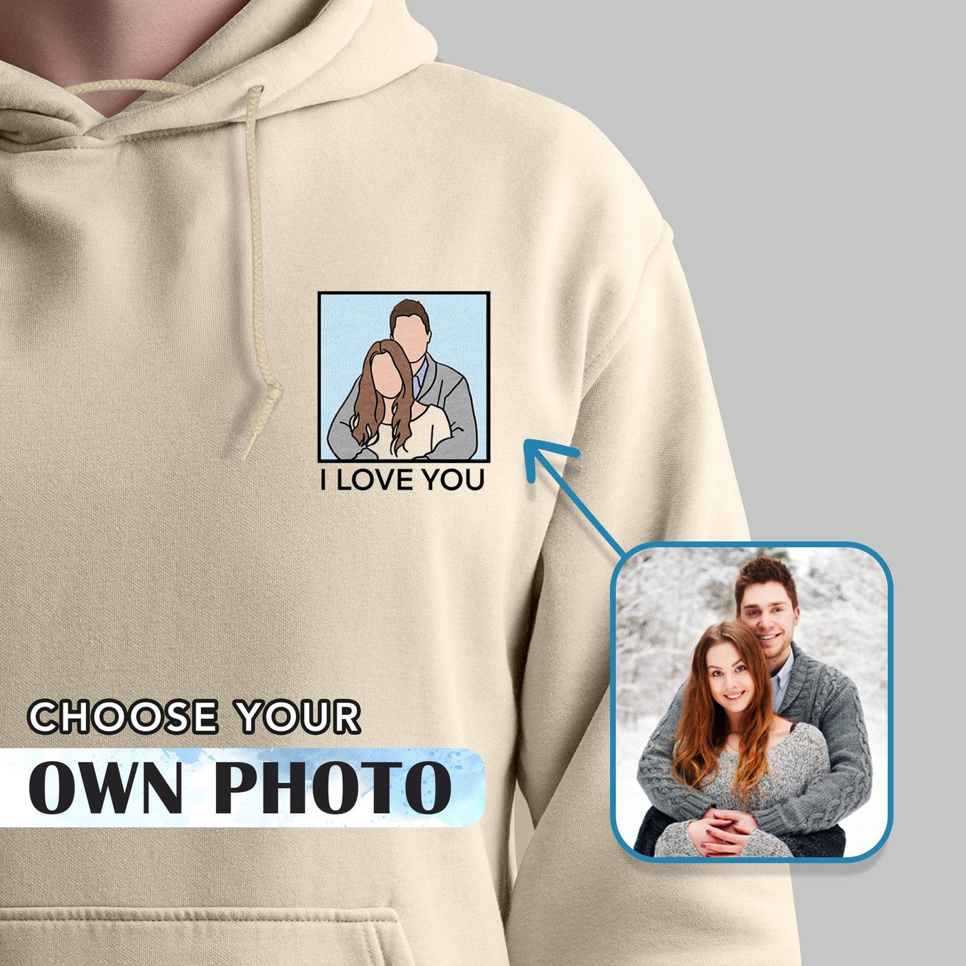 Custom Line Art Embroidered Hoodie for Couples