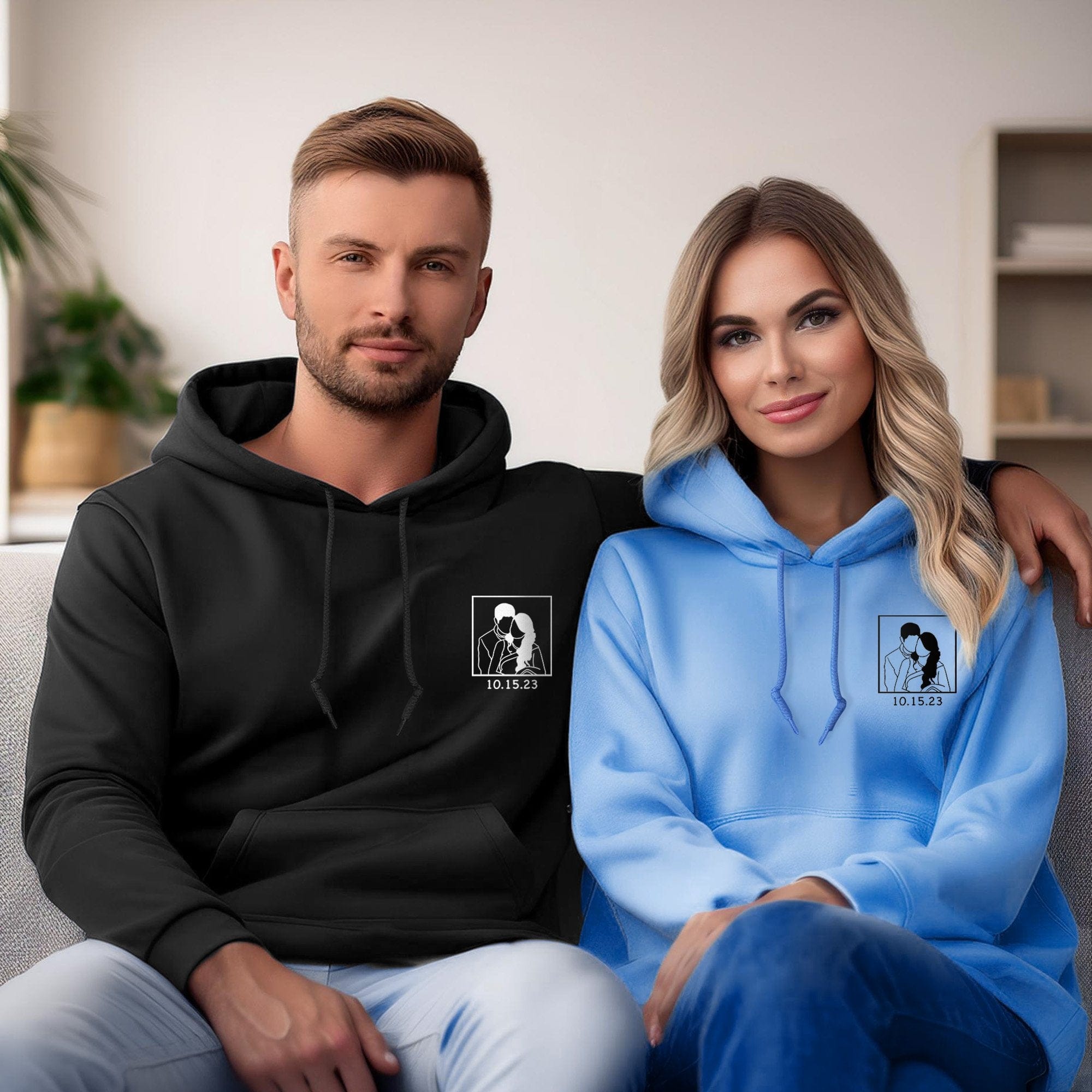 Couple Line Art Embroidered Hoodie