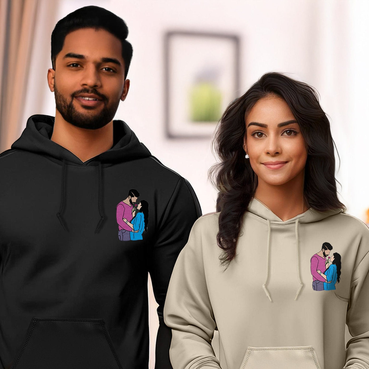 Custom Line Art Embroidered Hoodie for Couples