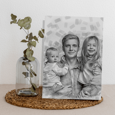 custom graphite portrait of a father with his children