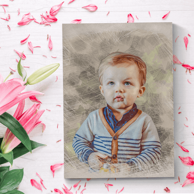 baby colored pencil drawing of a handsome toddler wearing a stripe long sleeve shirt