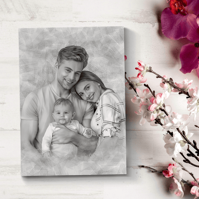 charcoal baby portrait of a lovely family