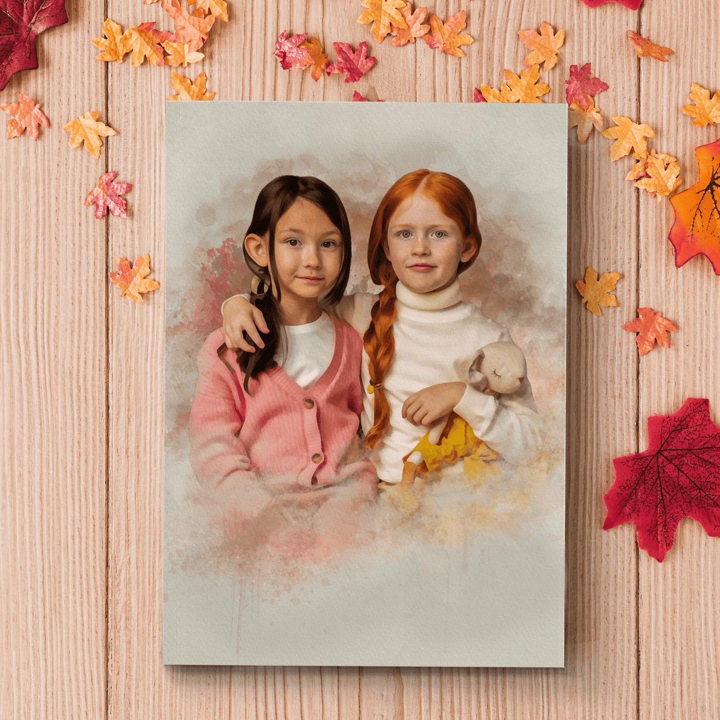 watercolor children portrait of a lovely two female children