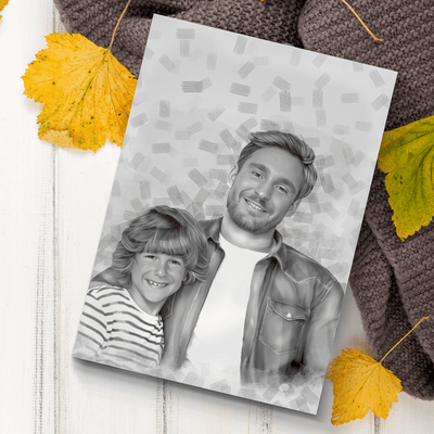 custom graphite portrait of a father and his son drawn in black and white
