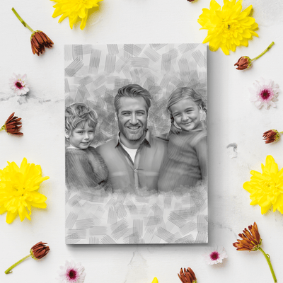 Father pencil sketch of a lovely father with his daughter and son, drawn in black and white.