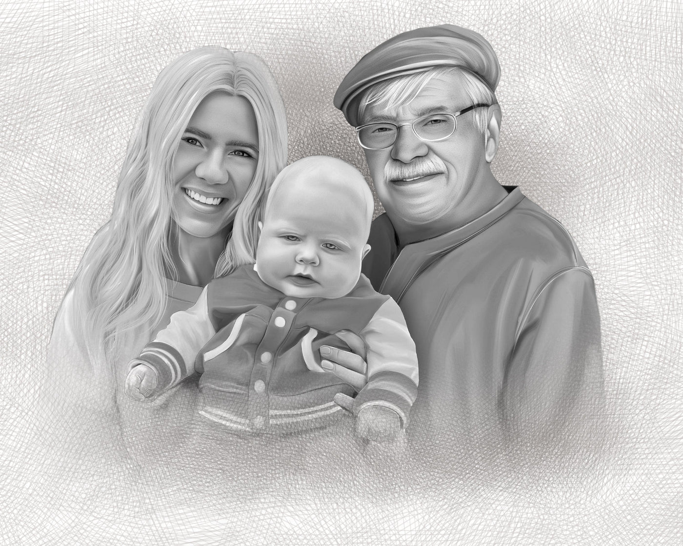 Custom Baby Charcoal Drawing of a mother with her baby, also including her father, drawn in black and white