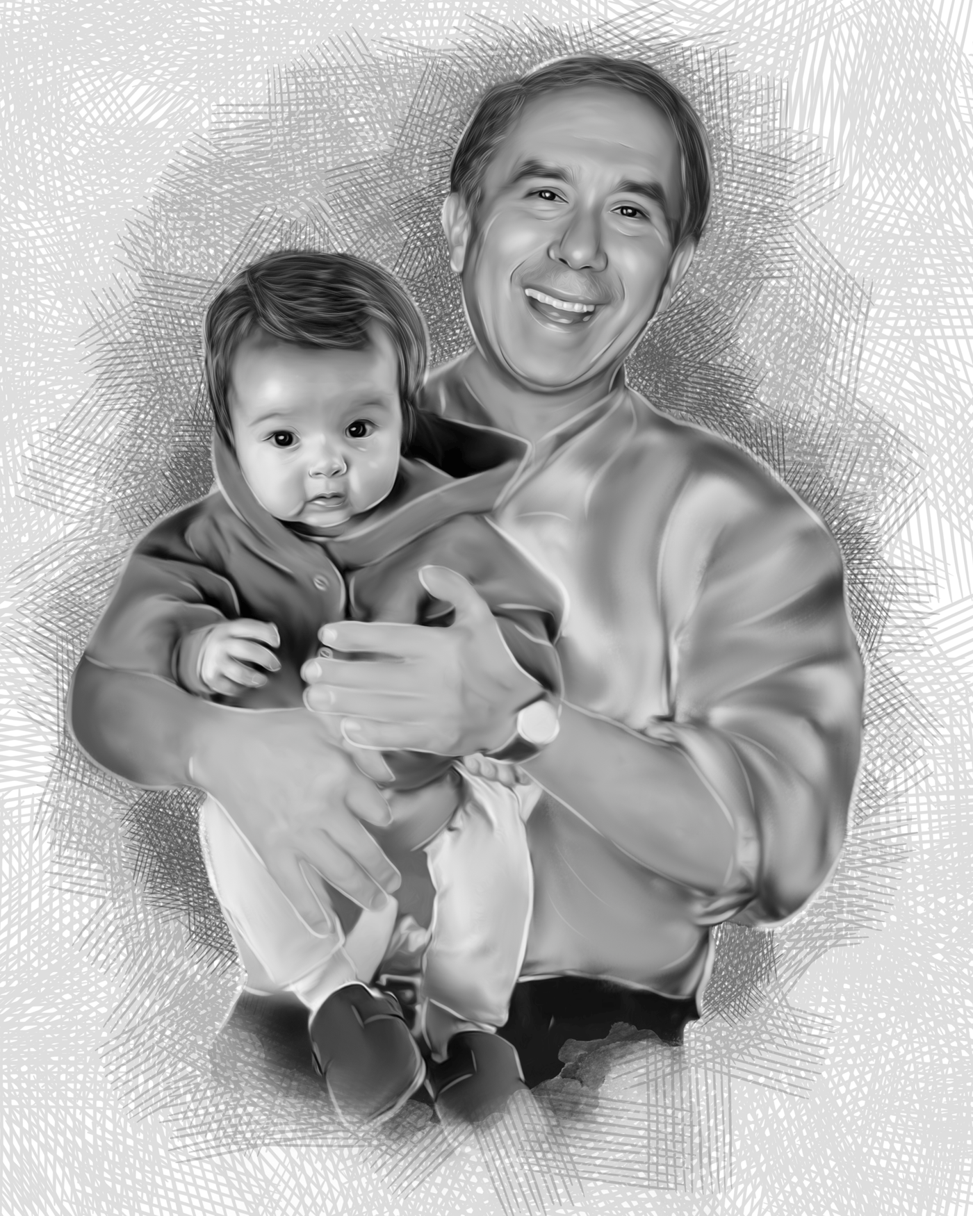 Custom Baby Charcoal Drawing of a father with his cute baby drawn in black and white