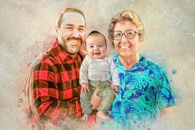 Watercolor baby portrait with father and grandmother